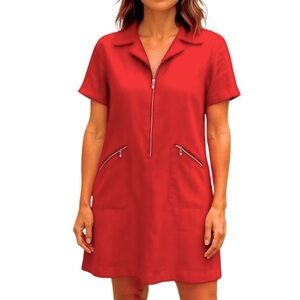 NY Sake LINEN Shirt Dress Silver Hardware Zip front, zipper pockets Red Size 1…